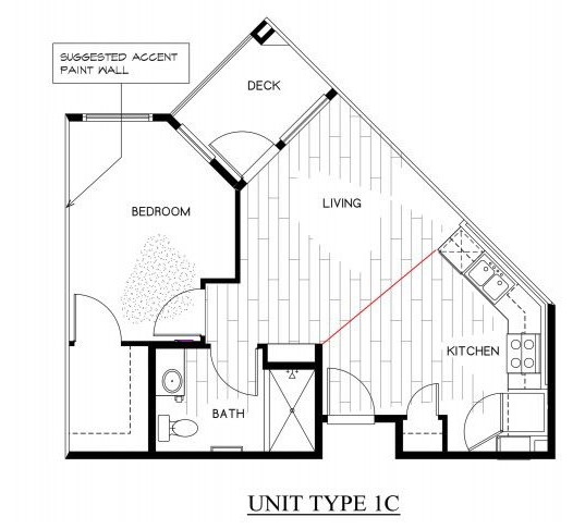 Floor plan for 1 bed, 1 bath, 583 sqft